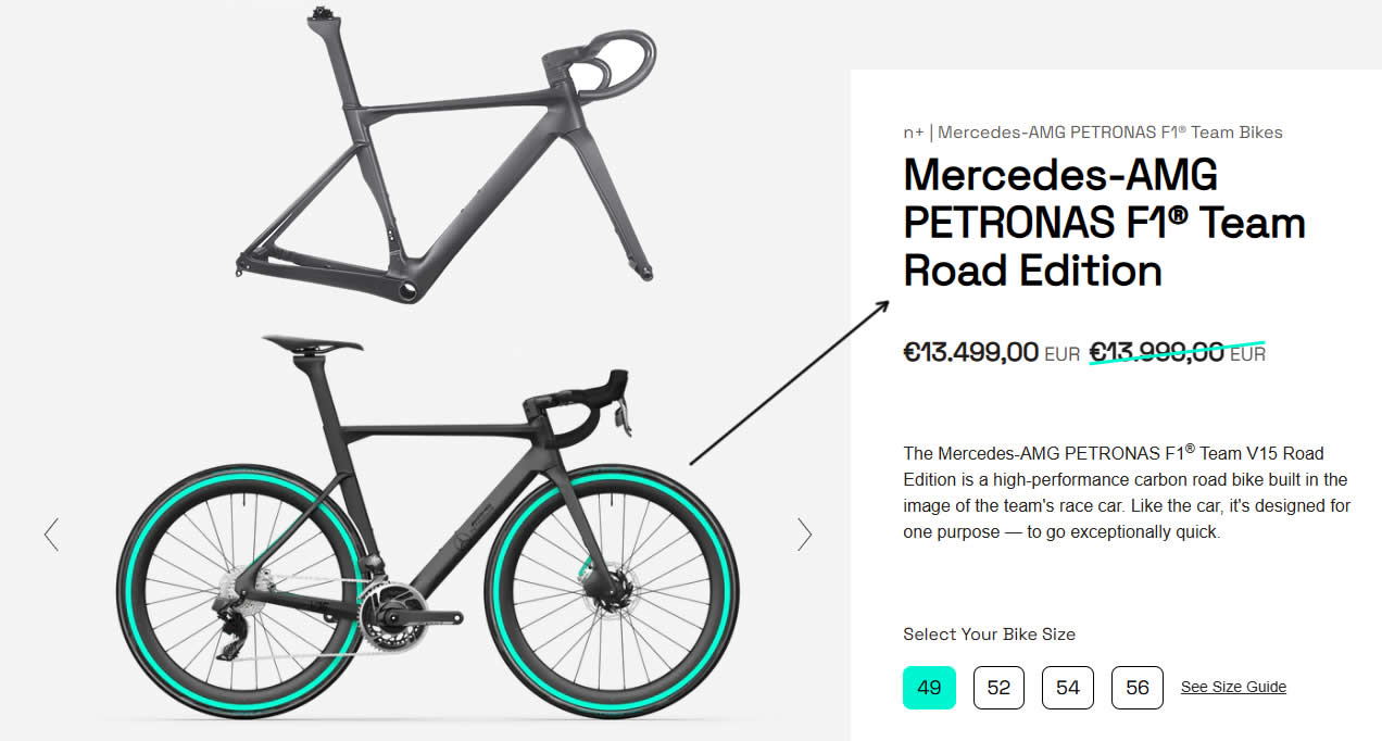 Confronto tra telaio aero in carbonio e bicicletta Mercedes-AMG Petronas F1 Team Road Edition