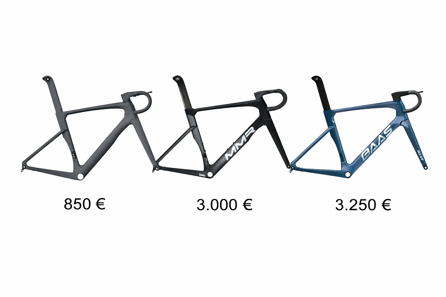 Confronto tra tre telai aero in carbonio proposti a 850 euro, 3000 euro e 3250 euro